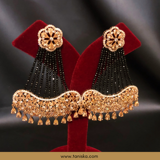 American Diamond Style Statement Earring & Tikka Set - Rose Gold & Navy