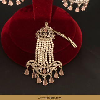 American Diamond Style, Cubic Zirconia Statement Earring & Tikka Set - Baby Pink / Silver