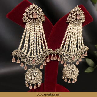 American Diamond Style, Cubic Zirconia Statement Earring & Tikka Set - Baby Pink / Silver