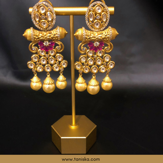 Noor Golden Kundan Earrings with Hot Pink