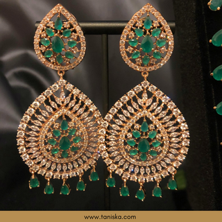 American Diamond Style, Cubic Zirconia Long Necklace Set - Rose Gold / Emerald Green