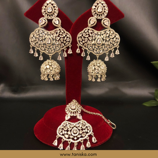 American Diamond Style, Cubic Zirconia Statement Earring & Tikka Set - Silver Plated - Silver/Mint