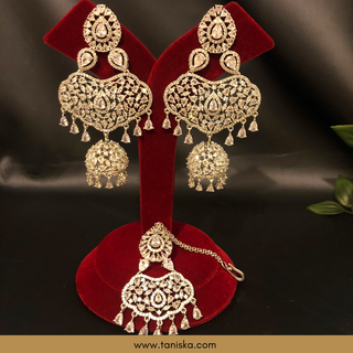 American Diamond Style, Cubic Zirconia Statement Earring & Tikka Set - Silver Plated - Silver/Mint