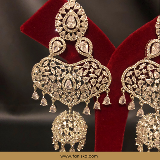 American Diamond Style, Cubic Zirconia Statement Earring & Tikka Set - Silver Plated - Silver/Mint