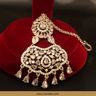American Diamond Style, Cubic Zirconia Statement Earring & Tikka Set - Silver Plated - Silver/Mint