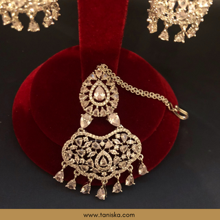 American Diamond Style, Cubic Zirconia Statement Earring & Tikka Set - Silver Plated - Silver/Mint