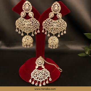 American Diamond Style, Cubic Zirconia Statement Earring & Tikka Set - Silver Plated - Silver/Mint