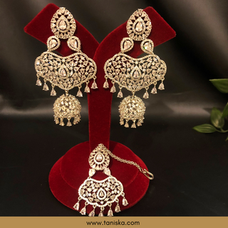 American Diamond Style, Cubic Zirconia Statement Earring & Tikka Set - Silver Plated - Silver/Mint
