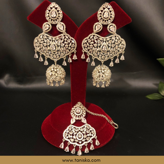 American Diamond Style, Cubic Zirconia Statement Earring & Tikka Set - Silver Plated - Silver/Mint