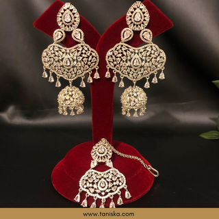 American Diamond Style, Cubic Zirconia Statement Earring & Tikka Set - Silver Plated - Silver/Mint