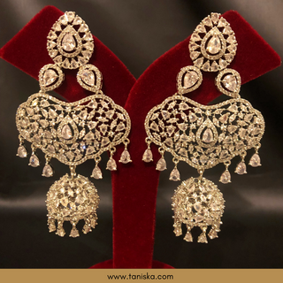 American Diamond Style, Cubic Zirconia Statement Earring & Tikka Set - Silver Plated - Silver/Mint