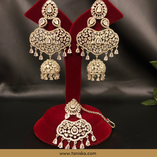 American Diamond Style, Cubic Zirconia Statement Earring & Tikka Set - Silver Plated - Silver/Mint
