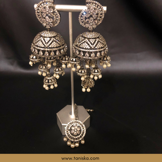 American Diamond Style, Cubic Zirconia Statement Earring & Tikka Set - Gun Metal Silver Plated