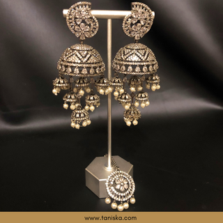 American Diamond Style, Cubic Zirconia Statement Earring & Tikka Set - Gun Metal Silver Plated