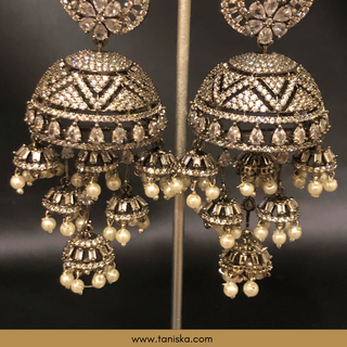 American Diamond Style, Cubic Zirconia Statement Earring & Tikka Set - Gun Metal Silver Plated