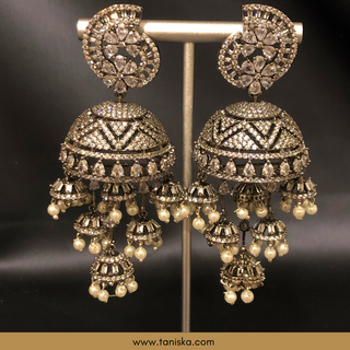 American Diamond Style, Cubic Zirconia Statement Earring & Tikka Set - Gun Metal Silver Plated