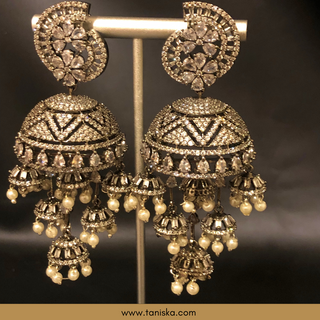 American Diamond Style, Cubic Zirconia Statement Earring & Tikka Set - Gun Metal Silver Plated
