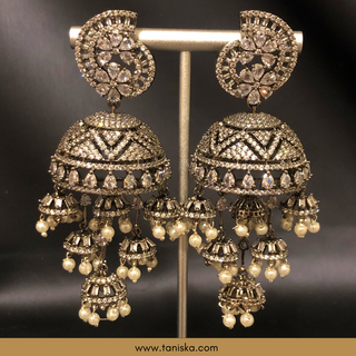 American Diamond Style, Cubic Zirconia Statement Earring & Tikka Set - Gun Metal Silver Plated