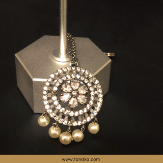 American Diamond Style, Cubic Zirconia Statement Earring & Tikka Set - Gun Metal Silver Plated