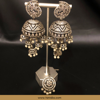 American Diamond Style, Cubic Zirconia Statement Earring & Tikka Set - Gun Metal Silver Plated