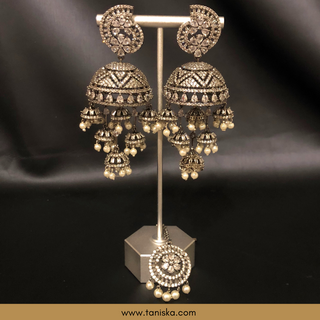 American Diamond Style, Cubic Zirconia Statement Earring & Tikka Set - Gun Metal Silver Plated