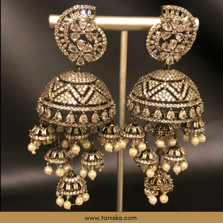 American Diamond Style, Cubic Zirconia Statement Earring & Tikka Set - Gun Metal Silver Plated