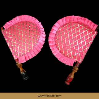 Light Pink Cross Stripes Punjabi Pakhi (Hand Fans) - Pack of 2
