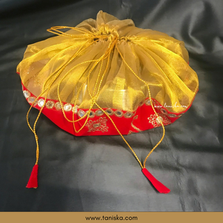 "Happy Marriage" - 1 Red Multi-Purpose DORI RUMAL (Gift Bag, Thaal Cover, Potli Bag - Perfect for: Indian Wedding, Shagan Ceremony, Chunni Charhana, Bridal Shower, Baby Shower, Maiyan, Weddings, Favors, Shaadi, Walima)