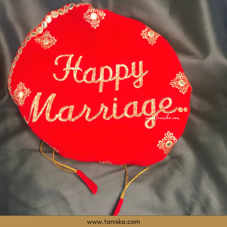 "Happy Marriage" - 1 Red Multi-Purpose DORI RUMAL (Gift Bag, Thaal Cover, Potli Bag - Perfect for: Indian Wedding, Shagan Ceremony, Chunni Charhana, Bridal Shower, Baby Shower, Maiyan, Weddings, Favors, Shaadi, Walima)
