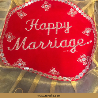 "Happy Marriage" - 1 Red Multi-Purpose DORI RUMAL (Gift Bag, Thaal Cover, Potli Bag - Perfect for: Indian Wedding, Shagan Ceremony, Chunni Charhana, Bridal Shower, Baby Shower, Maiyan, Weddings, Favors, Shaadi, Walima)