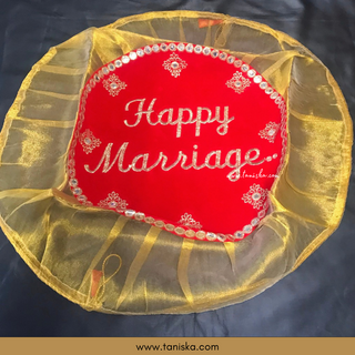 "Happy Marriage" - 1 Red Multi-Purpose DORI RUMAL (Gift Bag, Thaal Cover, Potli Bag - Perfect for: Indian Wedding, Shagan Ceremony, Chunni Charhana, Bridal Shower, Baby Shower, Maiyan, Weddings, Favors, Shaadi, Walima)
