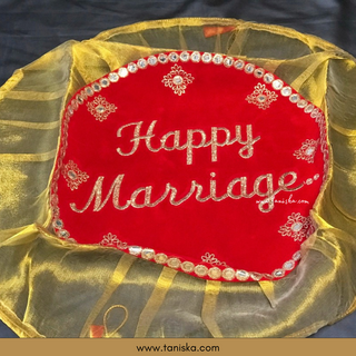 "Happy Marriage" - 1 Red Multi-Purpose DORI RUMAL (Gift Bag, Thaal Cover, Potli Bag - Perfect for: Indian Wedding, Shagan Ceremony, Chunni Charhana, Bridal Shower, Baby Shower, Maiyan, Weddings, Favors, Shaadi, Walima)