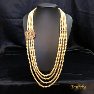 The Regent’s Bloom | Floral Medallion Pearl Mala | Antique Gold 4 Layered Pearl Mens / Groom Mala