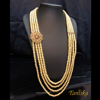 The Regent’s Bloom | Floral Medallion Pearl Mala | Antique Gold 4 Layered Pearl Mens / Groom Mala