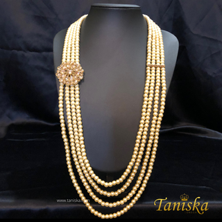The Regent’s Bloom | Floral Medallion Pearl Mala | Antique Gold 4 Layered Pearl Mens / Groom Mala