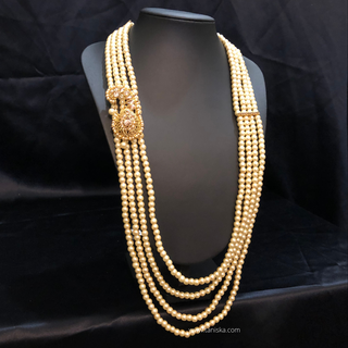 The Nobleman’s Strand | Multi-Layered Pearl Mala with Brooch | Antique Gold 4 Layered Pearl Mens / Groom Mala