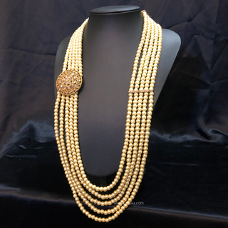 The Dynasty Circle | Grand Seven-Tier Pearl Mala | Antique Gold 5 Layered Pearl Mens / Groom Mala