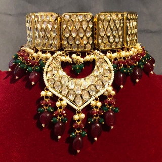 MEHAR Designer Bottle Green/Maroon Kundan Necklace Set