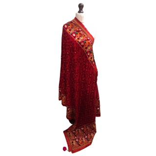 RRDR01 Ruby Red Dhula-Dhulan Phulkari Dupatta (with Pom Poms)