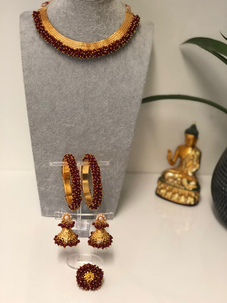 RANG-DE Pearl Necklace Set (Necklace, Earrings) - Maroon