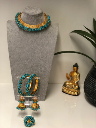 RANG-DE Pearl Necklace Set (Necklace, Earrings) - Turquoise