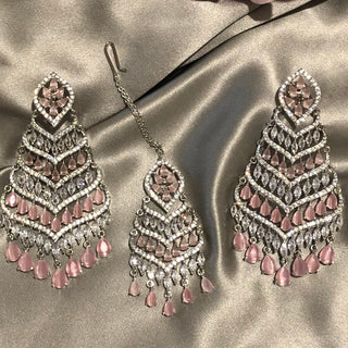 American Diamond Style Earring & Tikka Set - Baby Pink / Silver