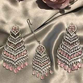 American Diamond Style Earring & Tikka Set - Baby Pink / Silver
