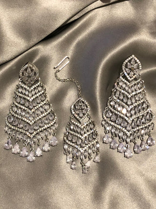 American Diamond Style Earring & Tikka Set - Silver