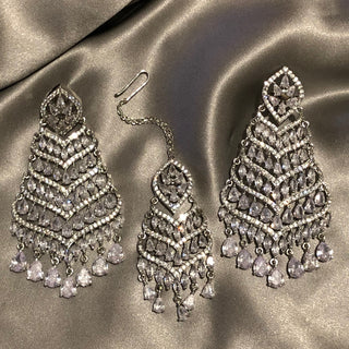 American Diamond Style Earring & Tikka Set - Silver