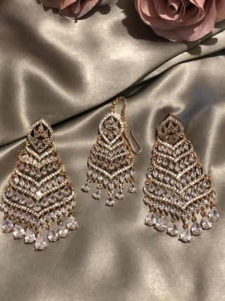 American Diamond Style Earring & Tikka Set - Rose Gold