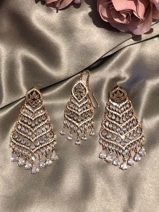 American Diamond Style Earring & Tikka Set - Rose Gold