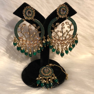 ALIA Designer Earring & Tikka Set - Emerald Green