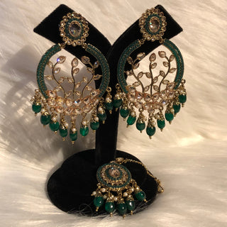 ALIA Designer Earring & Tikka Set - Emerald Green