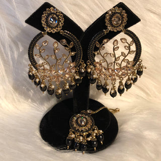 ALIA Designer Earring & Tikka Set - Midnight Black